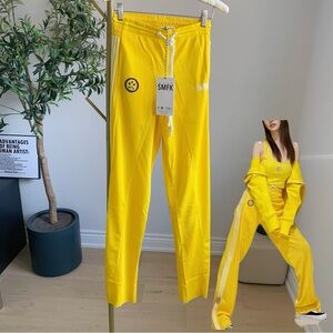 SMFK Yellow Mesh Track Pants Smiley Logo Stripe S